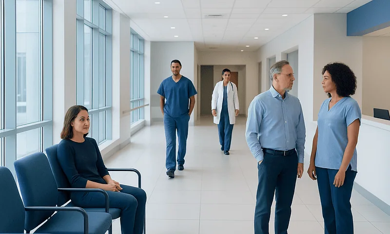 Hospital corridor with medical staff and patient in waiting area.