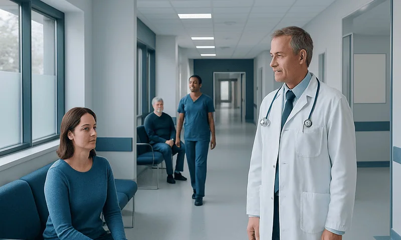 Doctor talking to a young woman patient in a hospital corridor.
