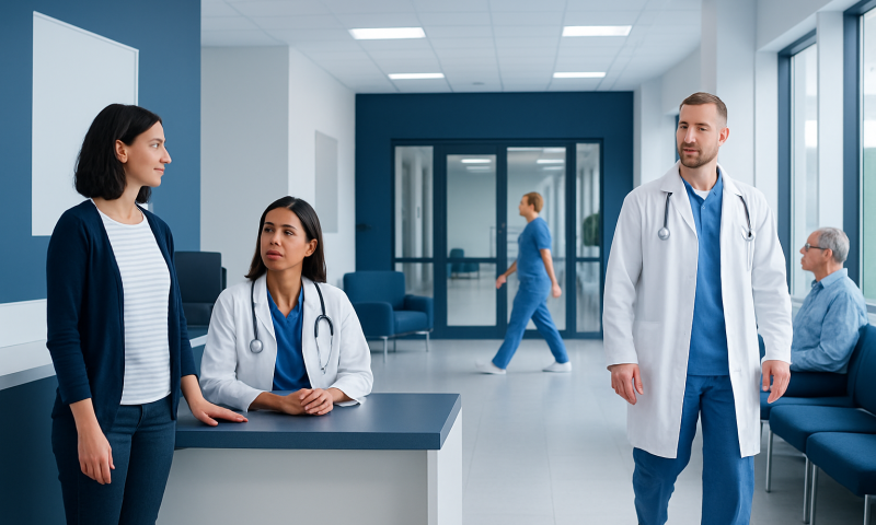 Medical consultation in a modern hospital reception area with doctors and patient.