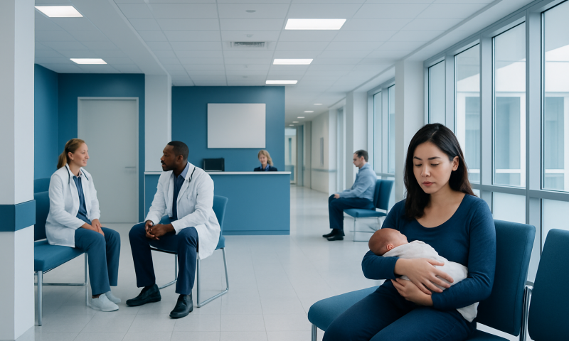 Mother with newborn in hospital waiting area at Acibadem Hospitals Group.