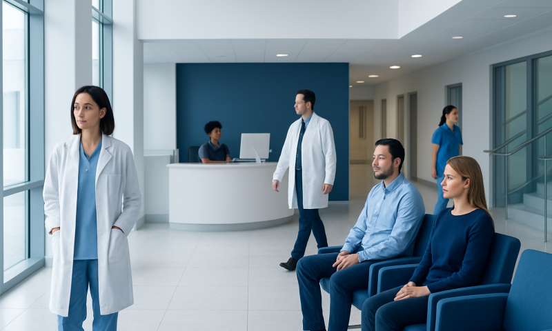 Modern hospital waiting area with medical staff and patients.