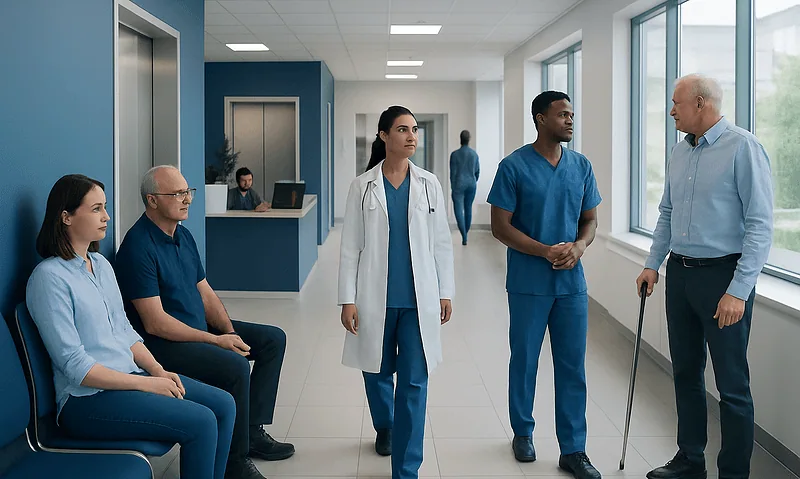 Hospital corridor with medical staff and patients engaging in conversation.