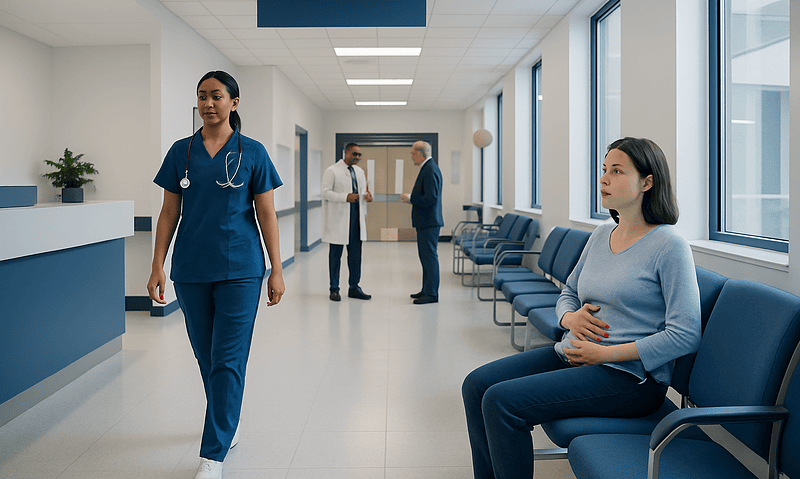 Patient waiting in hospital corridor with medical staff nearby.