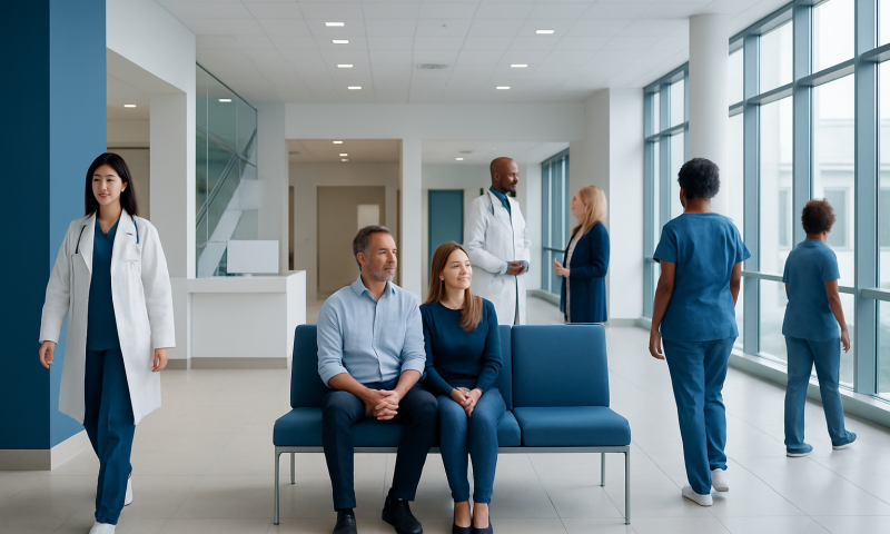 Diverse medical staff and patients in a modern hospital lobby.