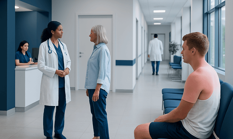 Doctor consulting with elderly patient in hospital corridor with young man waiting.