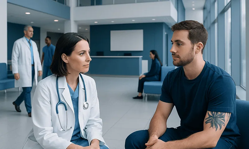 Doctor consulting with a patient in a modern hospital lobby.