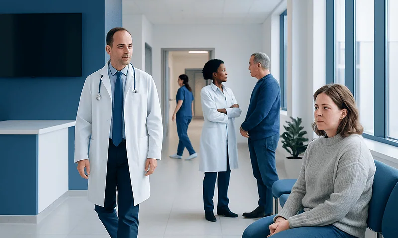 Medical professionals and patient in a hospital corridor.