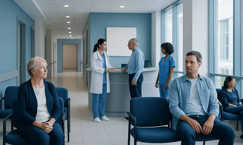 Patients waiting in a hospital corridor at Acibadem Hospitals Group.