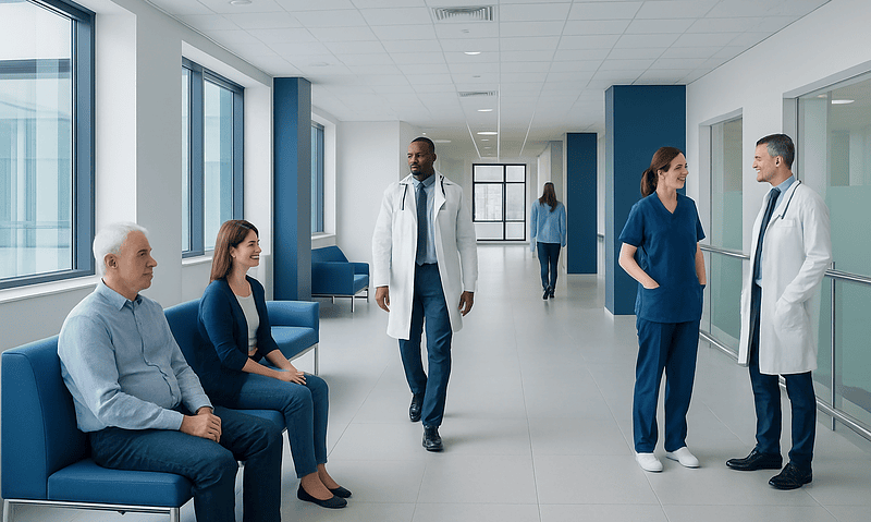 Healthcare professionals and patients in a modern hospital corridor.
