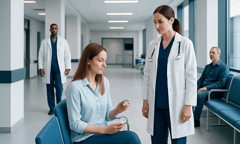 Medical consultation in a hospital corridor with healthcare professionals and patient.