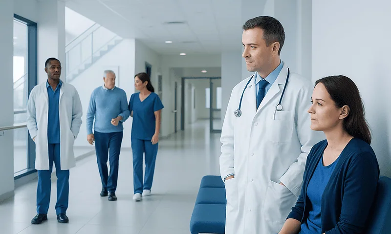 Medical team discussing patient care in hospital corridor.