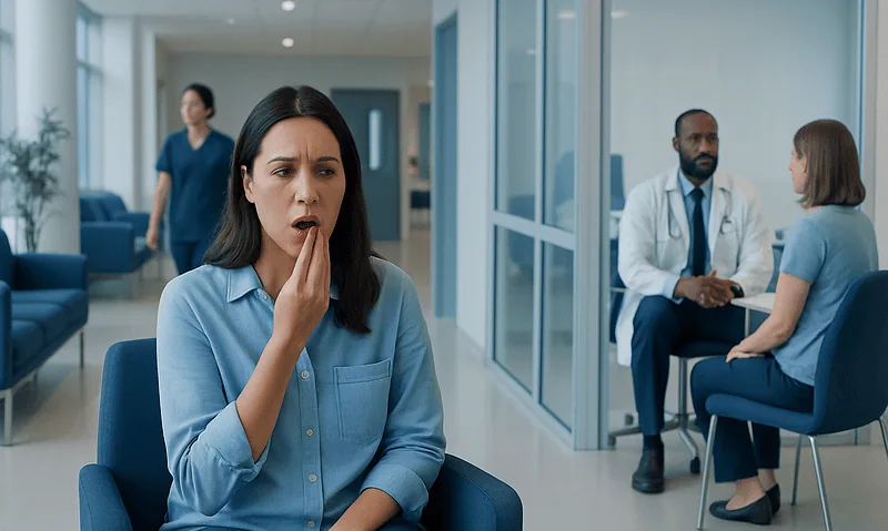 Woman experiencing mouth pain in a hospital waiting area.
