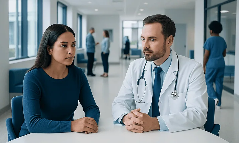 Lupus Diagnosis: Diagnosis, Outlook, and Modern Treatment Approaches 10 Doctor consulting with a patient in a modern hospital corridor.