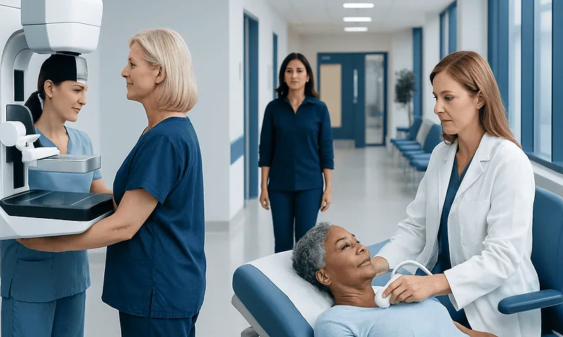 Medical staff preparing for mammogram in hospital corridor.