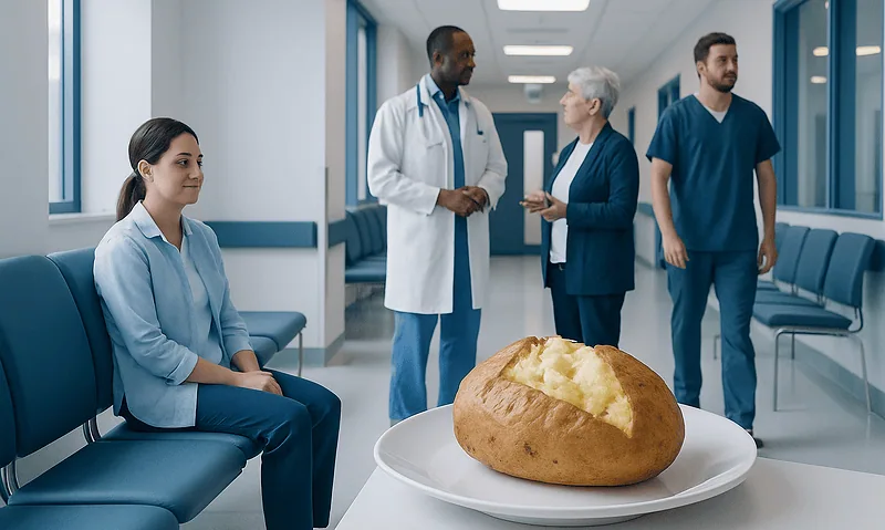 Medical consultation with a baked potato in a hospital corridor.