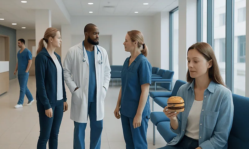 Healthcare professionals and patient in hospital corridor.