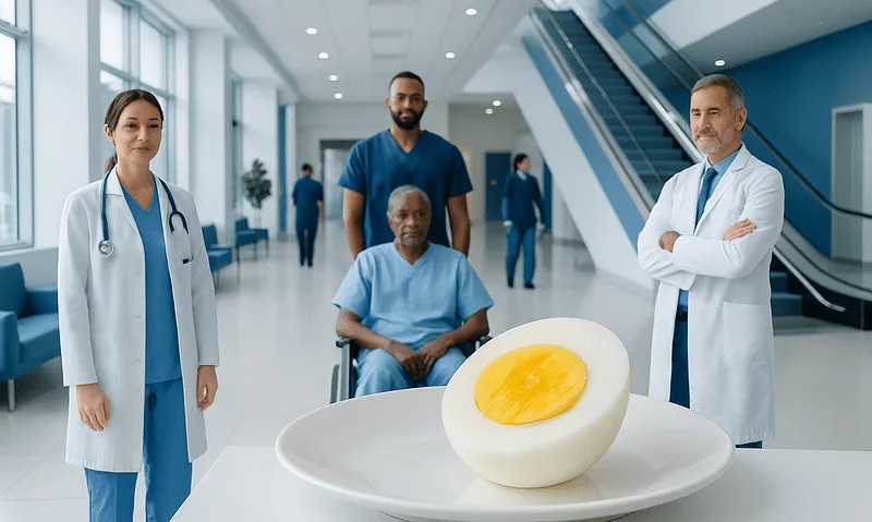 Medical team with a giant boiled egg model in hospital corridor.