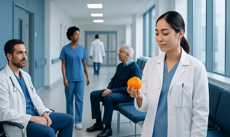 Medical professionals in a hospital waiting area with a patient and a nurse holding an orange.