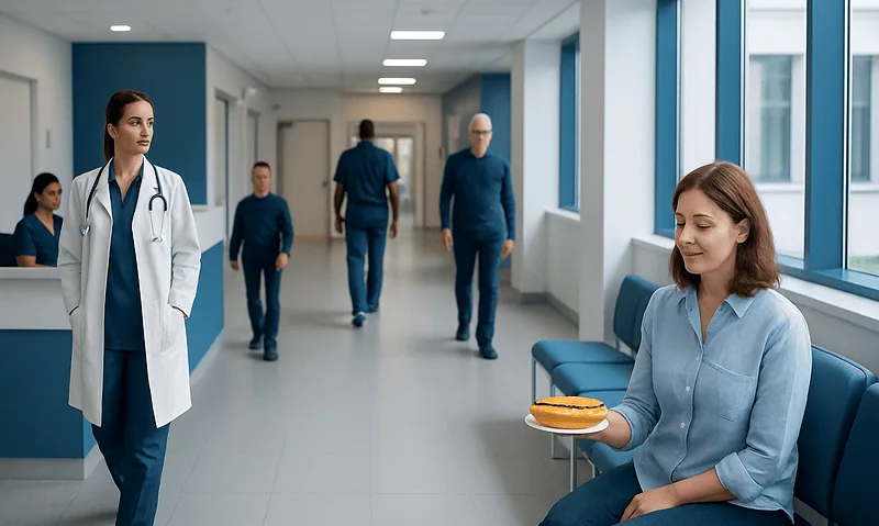 Hospital corridor with medical staff and a patient enjoying a snack.