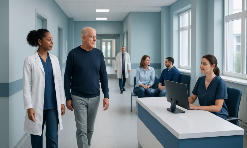 Patients and medical staff in a hospital corridor at Acibadem Hospitals Group.