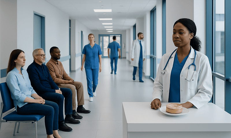 Healthcare professional with patients in a hospital corridor.