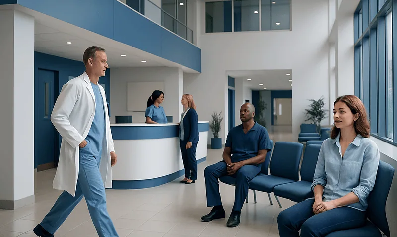 Hospital waiting area with medical staff and patients.