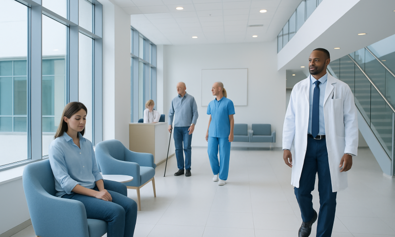 Patients and doctors in a modern hospital lobby with large windows.