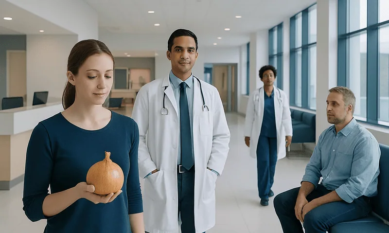 Medical professionals and patient in a hospital corridor with onion.