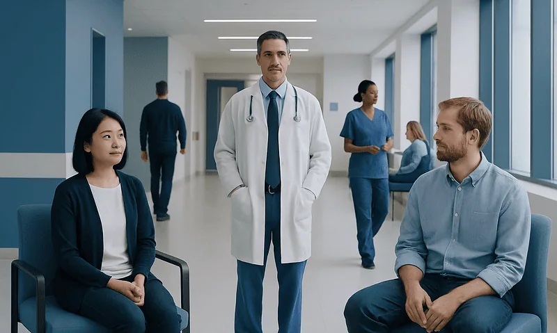 Medical professionals and patients in a hospital corridor.