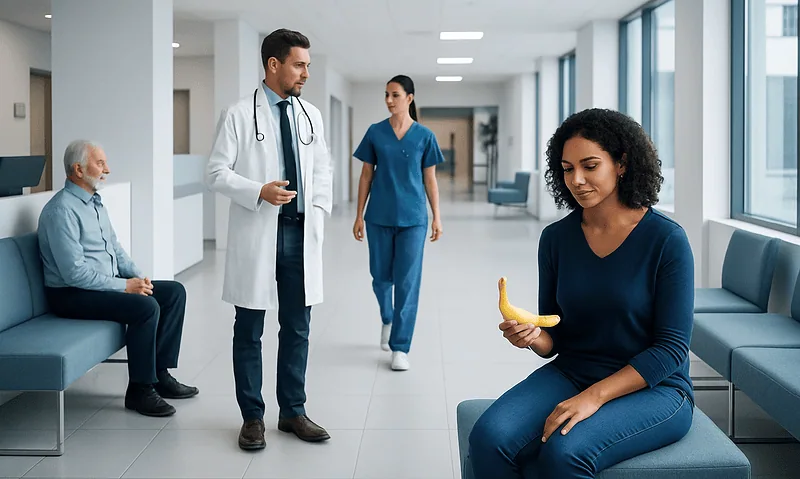 Patient holding banana in hospital corridor with medical staff nearby.