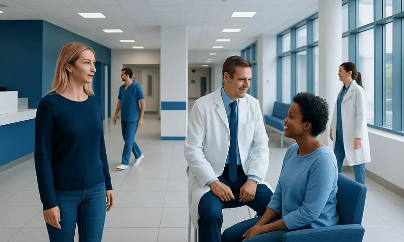 Healthcare professionals and patient in a modern hospital corridor.