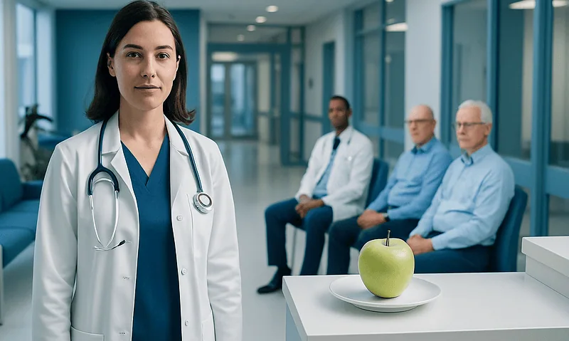 Doctor with stethoscope in hospital corridor with patients and apple on table.