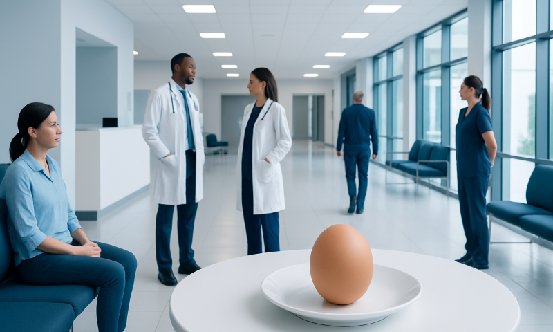 Medical professionals discussing in a hospital corridor with an egg on a table.