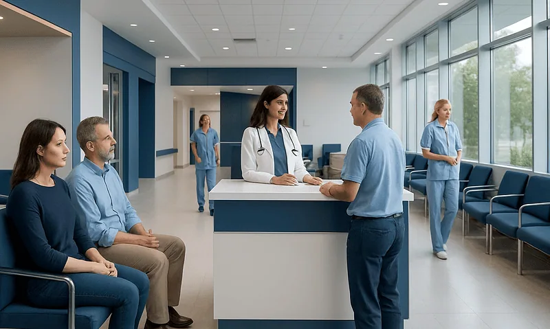 Medical staff and patients in a modern hospital waiting area.