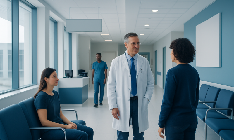 Doctor consulting with a patient in a modern hospital corridor.