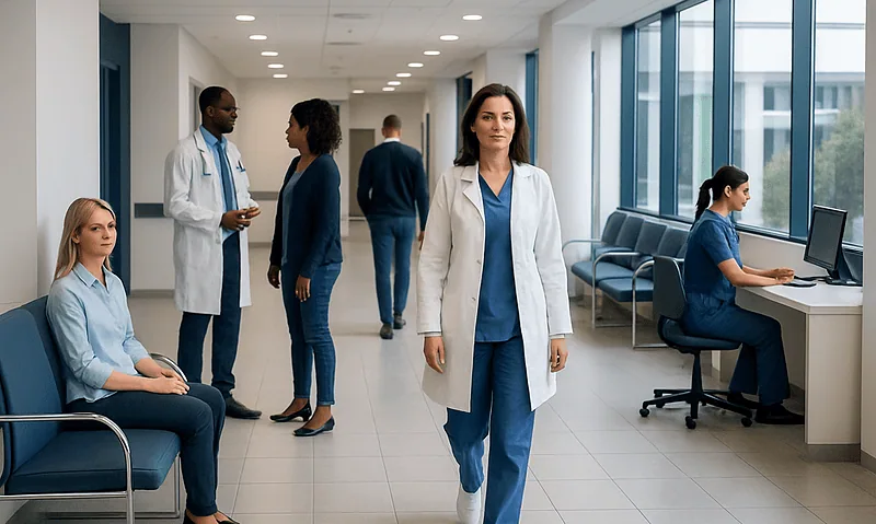 Medical professionals and patients in a modern hospital corridor.