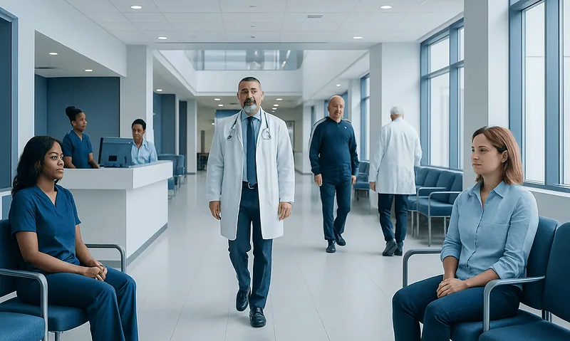 Hospital waiting area with medical staff and patients.