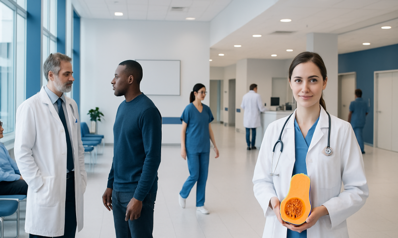 Healthcare professionals and a patient in a modern hospital corridor.