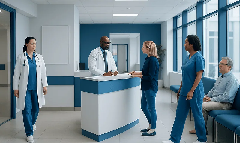Medical team consulting patient at hospital reception desk.