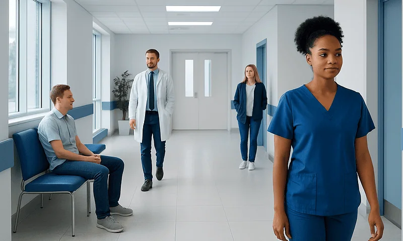 Healthcare professionals and patient in a hospital corridor.