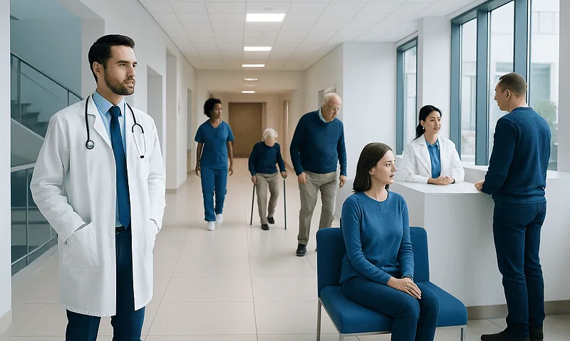 Medical staff and patients in a modern hospital corridor.