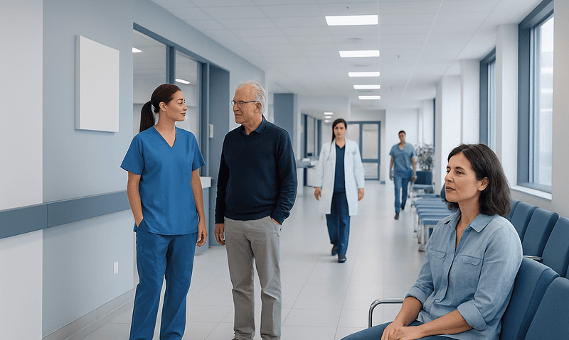 Medical staff and patient in hospital corridor at Acibadem Hospitals Group.