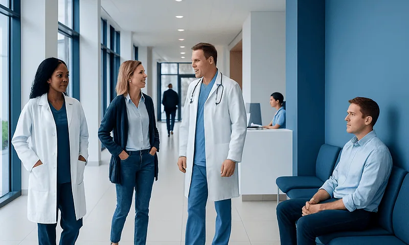 Medical team consulting in hospital corridor with patient waiting area.
