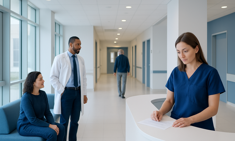 Healthcare professionals in a hospital corridor discussing patient care.