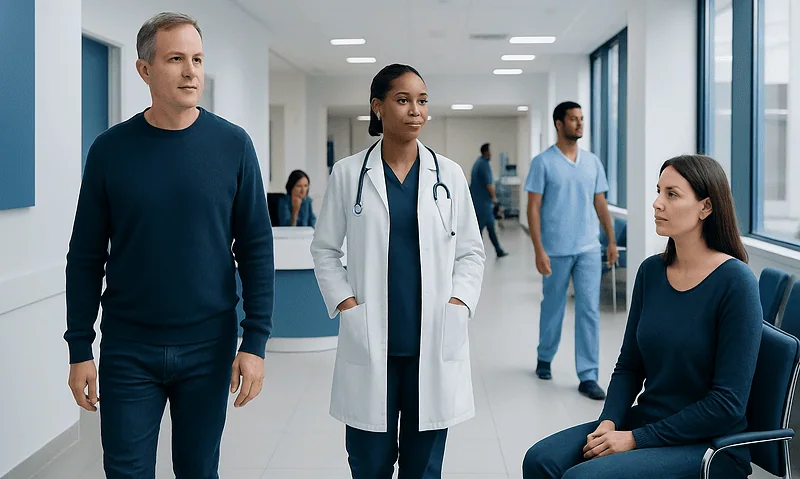 Medical consultation in a hospital corridor with doctors and patient.