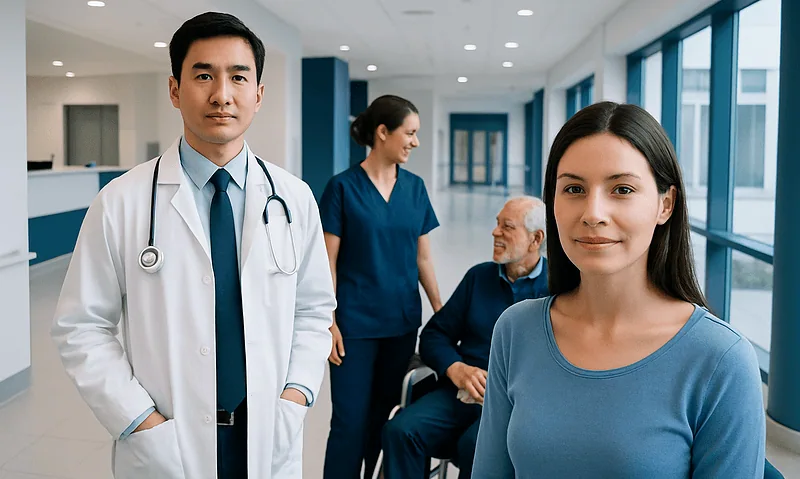 Healthcare professionals and patient in a modern hospital corridor.