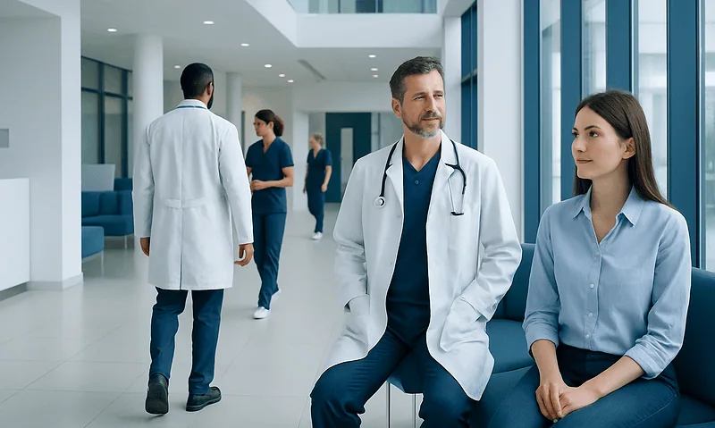 Medical professionals in a modern hospital corridor at Acibadem Hospitals Group.