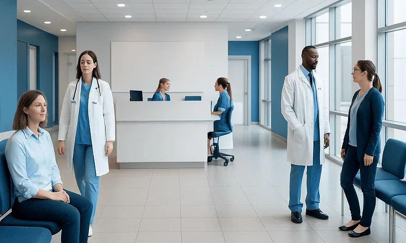Medical staff and patients in a modern hospital waiting area.