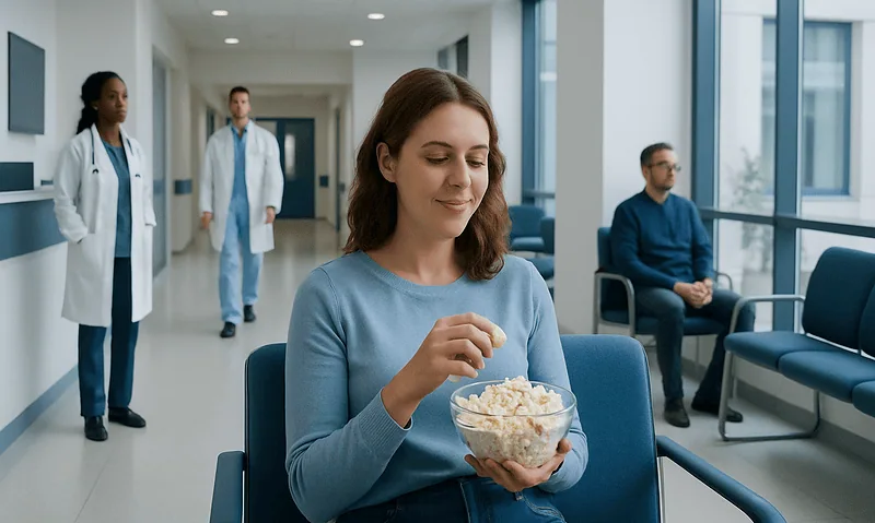 Young woman eating popcorn in hospital waiting area with medical staff nearby.