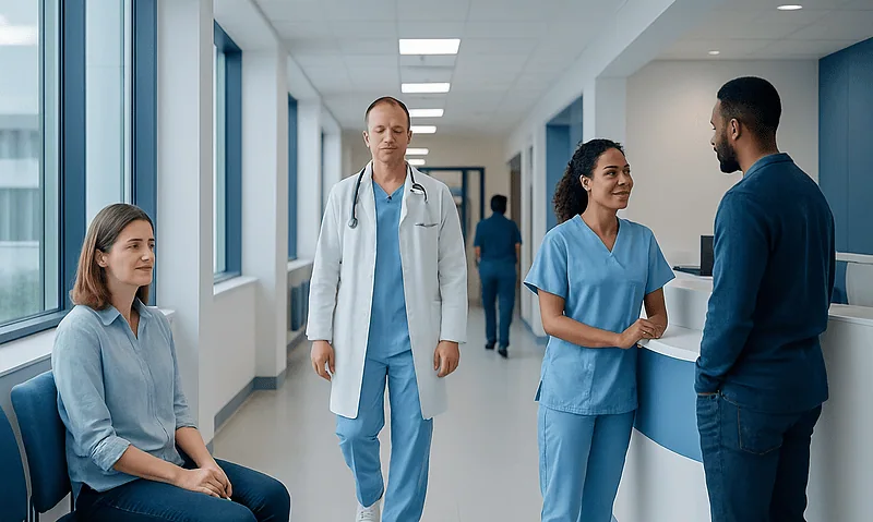 Medical staff and patient in hospital corridor at Acibadem Hospitals Group.